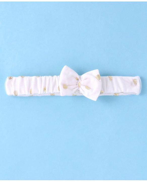 Babyhug Woven Half Sleeves Fit & Flared Party Frock with Headband Glitter Polka Dot Print & Bow Applique - White