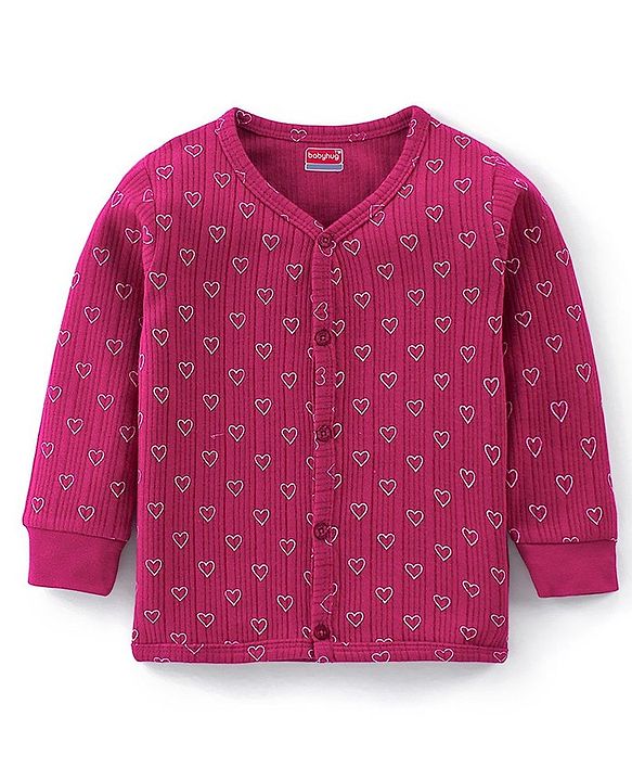 Babyhug Full Sleeves Front Open Heart Print Thermal Vest & Pant - Wine