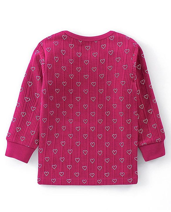 Babyhug Full Sleeves Front Open Heart Print Thermal Vest & Pant - Wine