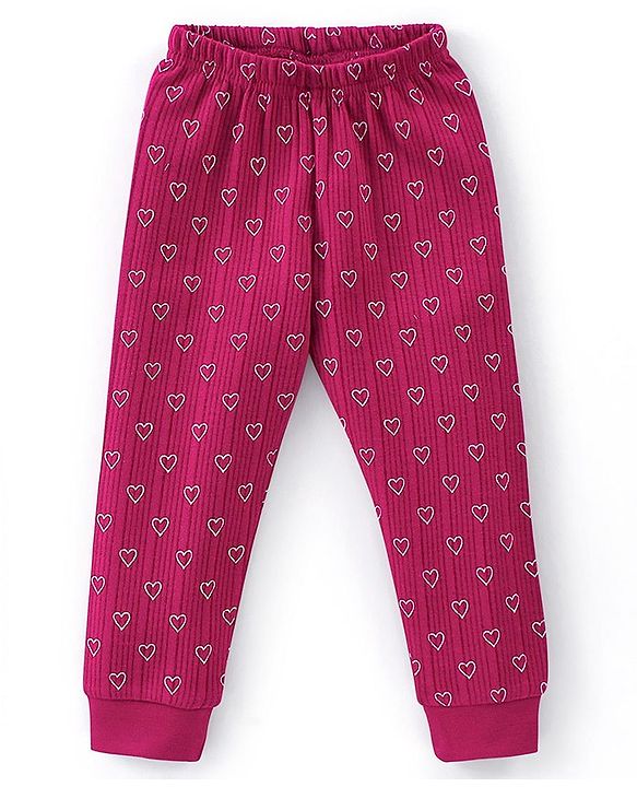 Babyhug Full Sleeves Front Open Heart Print Thermal Vest & Pant - Wine