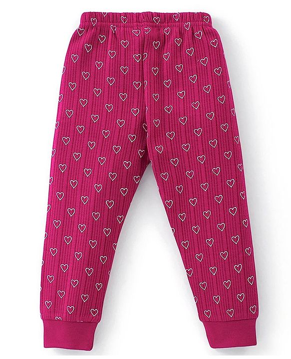 Babyhug Full Sleeves Front Open Heart Print Thermal Vest & Pant - Wine