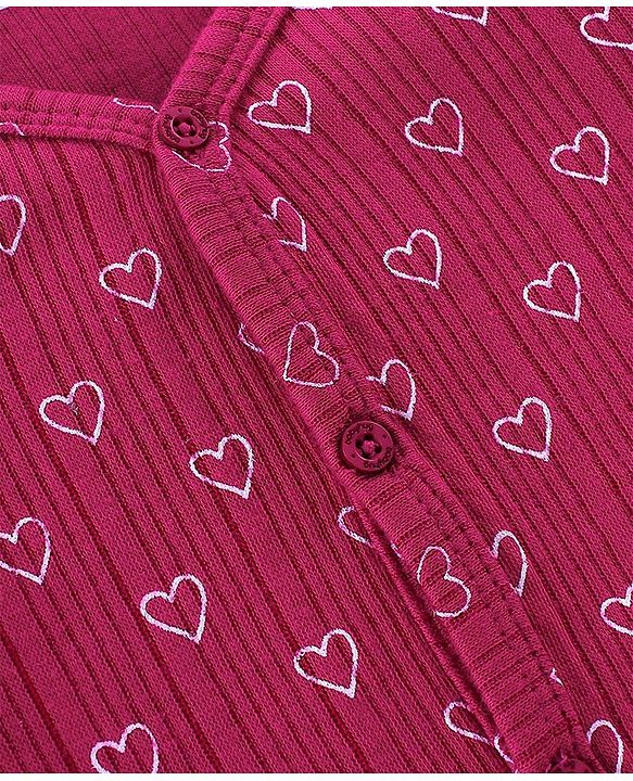 Babyhug Full Sleeves Front Open Heart Print Thermal Vest & Pant - Wine
