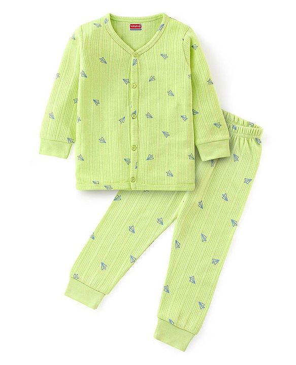 Babyhug Cotton Full Sleeves Front Open Thermal Vest And Leggings with Aeroplane Print - Lime Green