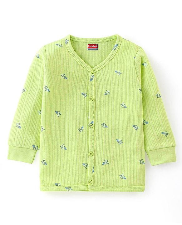 Babyhug Cotton Full Sleeves Front Open Thermal Vest And Leggings with Aeroplane Print - Lime Green