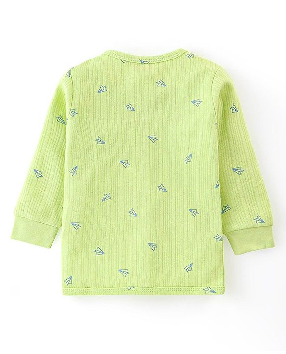 Babyhug Cotton Full Sleeves Front Open Thermal Vest And Leggings with Aeroplane Print - Lime Green