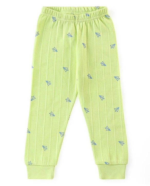 Babyhug Cotton Full Sleeves Front Open Thermal Vest And Leggings with Aeroplane Print - Lime Green