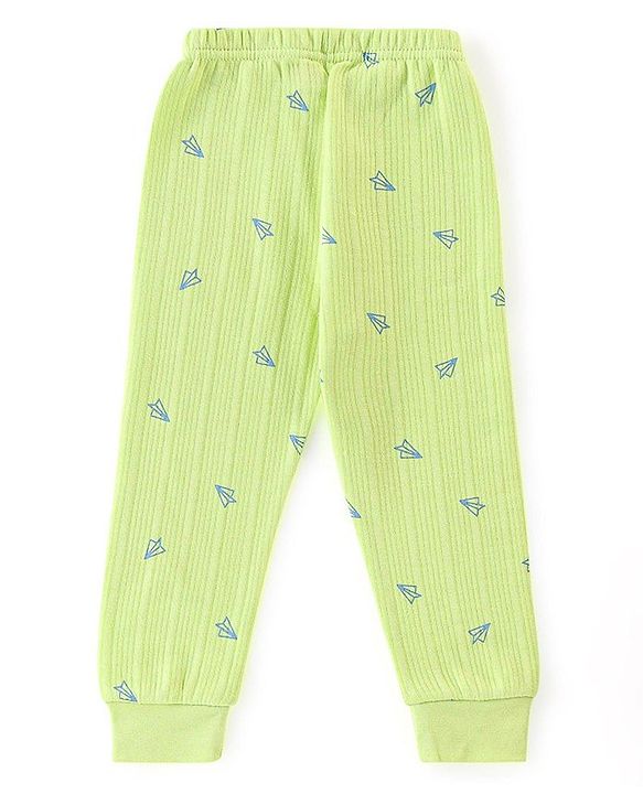 Babyhug Cotton Full Sleeves Front Open Thermal Vest And Leggings with Aeroplane Print - Lime Green