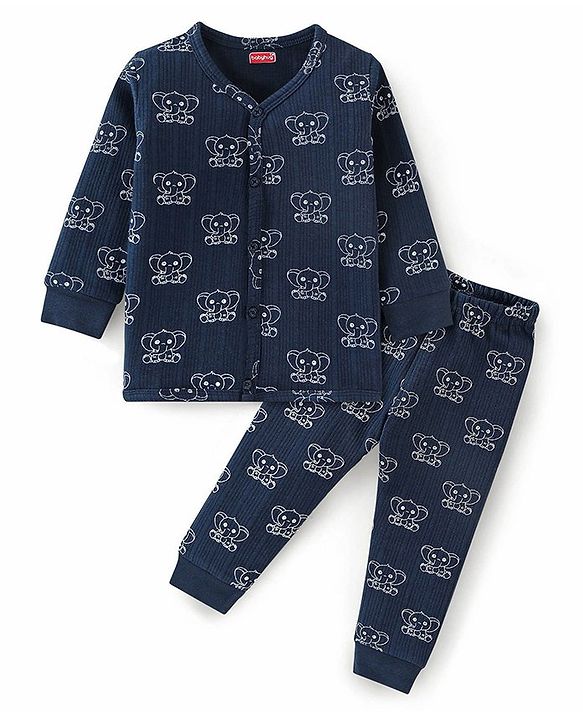 Babyhug Full Sleeves Animal Print Thermal Vest & Pant - Navy Blue