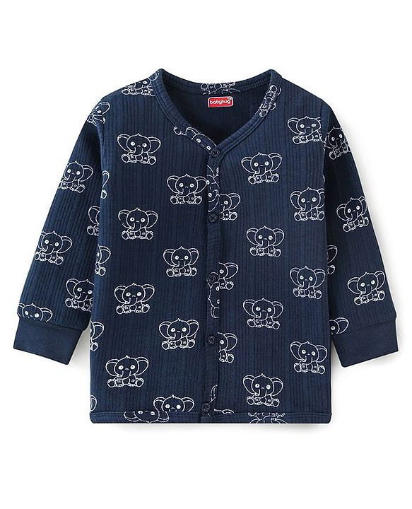 Babyhug Full Sleeves Animal Print Thermal Vest & Pant - Navy Blue