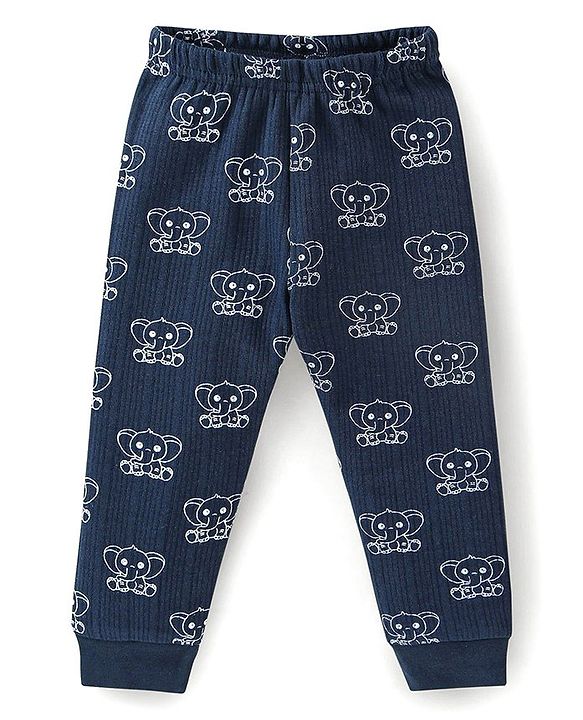 Babyhug Full Sleeves Animal Print Thermal Vest & Pant - Navy Blue