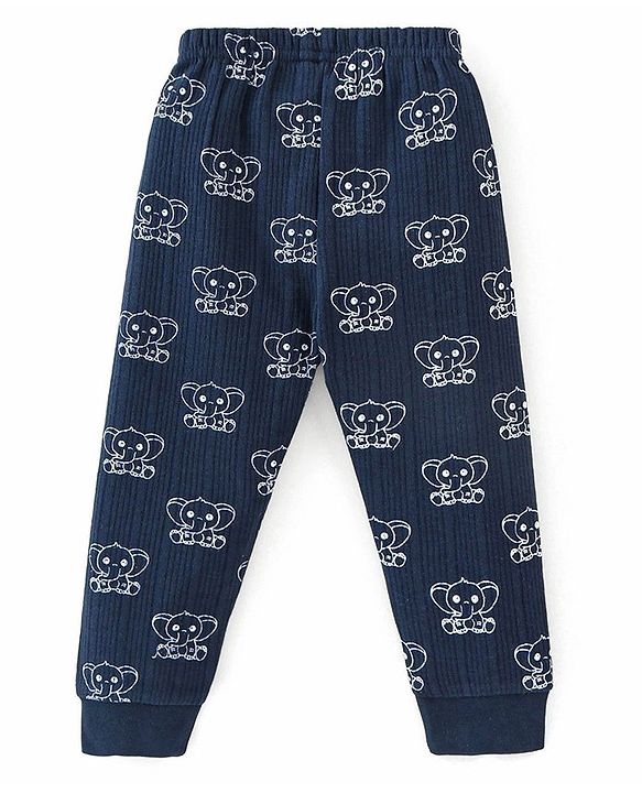 Babyhug Full Sleeves Animal Print Thermal Vest & Pant - Navy Blue