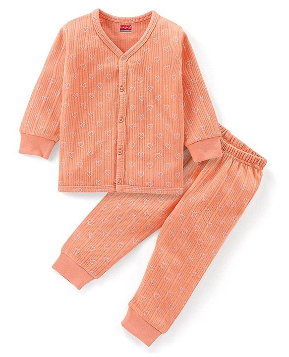 Babyhug Full Sleeves Heart Print Thermal Vest & Pant - Orange