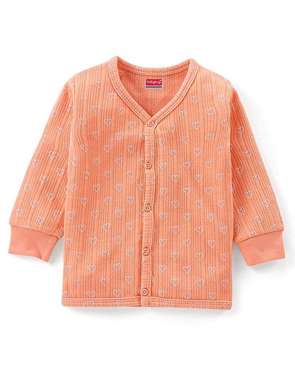 Babyhug Full Sleeves Heart Print Thermal Vest & Pant - Orange