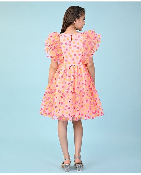 Pine Kids Sleeveless Heart Glitter Print Knee Length Party Dress- Peach