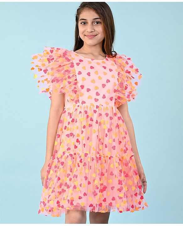 Pine Kids Sleeveless Heart Glitter Print Knee Length Party Dress- Peach