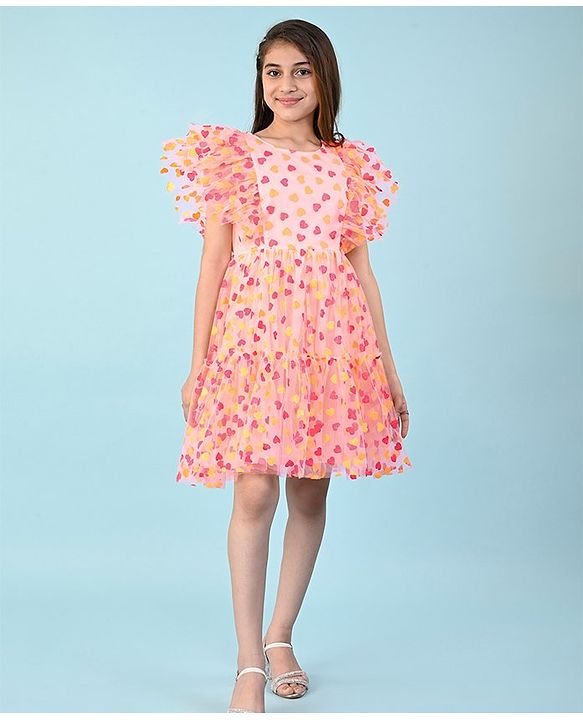 Pine Kids Sleeveless Heart Glitter Print Knee Length Party Dress- Peach