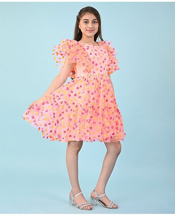 Pine Kids Sleeveless Heart Glitter Print Knee Length Party Dress- Peach
