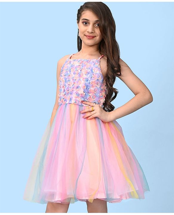 Pine Kids Sleeveless Party Frock with Rose Appliques- Multicolor