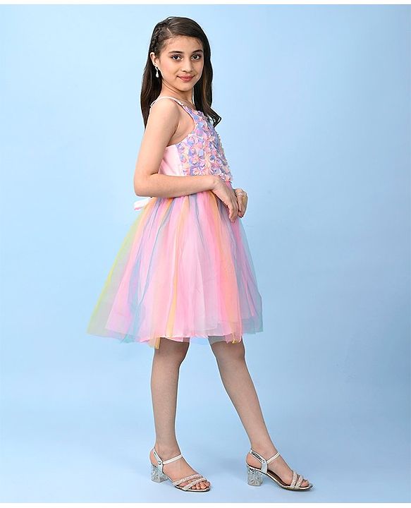Pine Kids Sleeveless Party Frock with Rose Appliques- Multicolor