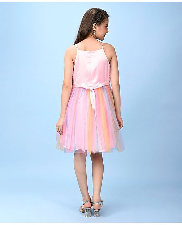 Pine Kids Sleeveless Party Frock with Rose Appliques- Multicolor