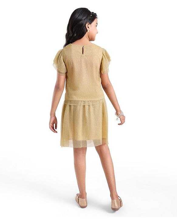 Pine Kids  Frill  Sleeves Shimmered Top & Skirt Set Solid Colour - Golden
