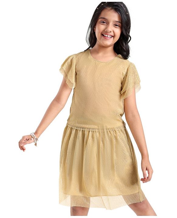 Pine Kids  Frill  Sleeves Shimmered Top & Skirt Set Solid Colour - Golden