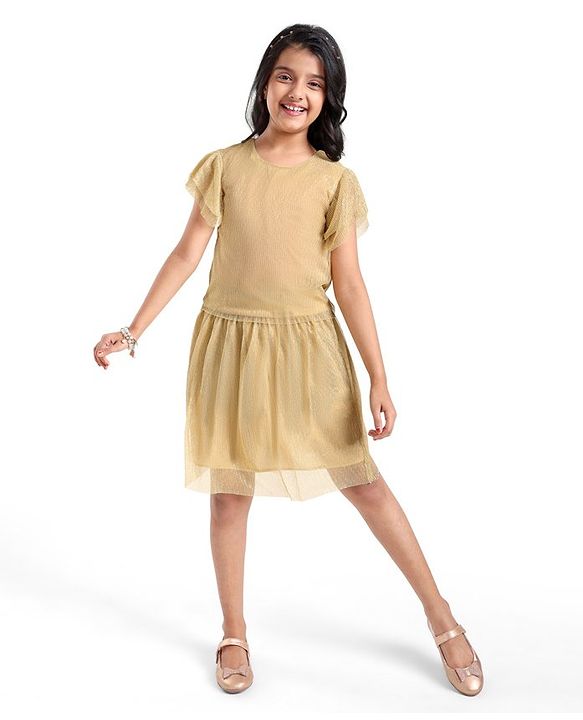 Pine Kids  Frill  Sleeves Shimmered Top & Skirt Set Solid Colour - Golden