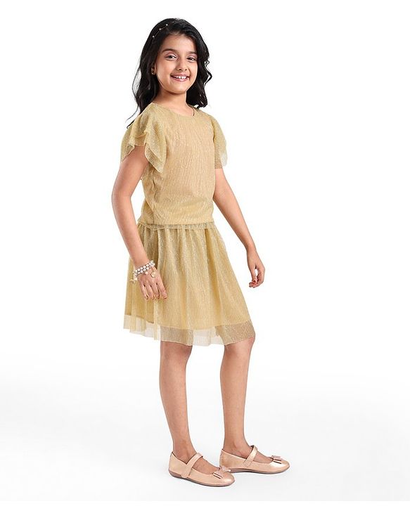 Pine Kids  Frill  Sleeves Shimmered Top & Skirt Set Solid Colour - Golden