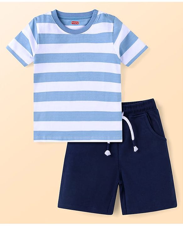 Babyhug Cotton Knit Half Sleeves Striped T-Shirt & Shorts Set - Light Blue & Navy