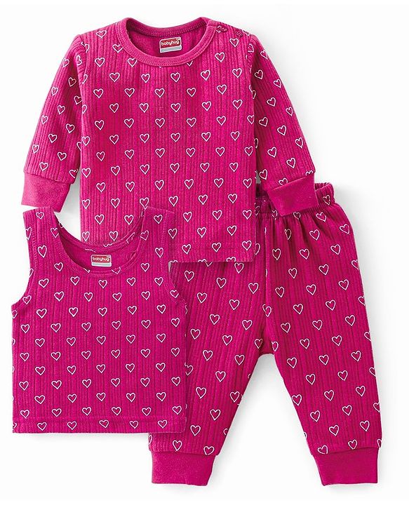 Babyhug Full Sleeves Vest Pullover & Thermal Wear Pant Heart Print Pack Of 3 - Wine
