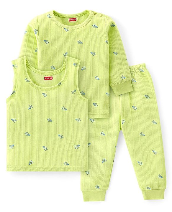 Babyhug Full Sleeves Vest Pullover & Thermal Wear Pant With Paper Plane Print Pack Of 3 - Limegreen