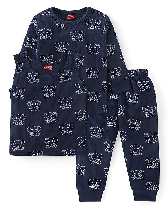 Babyhug Full Sleeves Vest Pullover & Thermal Wear Pant Animal Print Pack Of 3 - Navy Blue