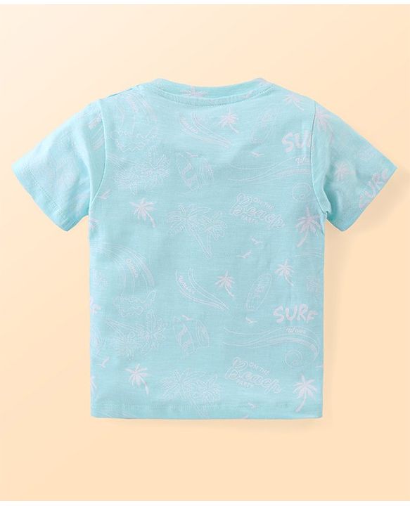 Babyhug Cotton Knit Half Sleeves T-Shirt & Shorts Set With Beach Themed Print - Blue & White
