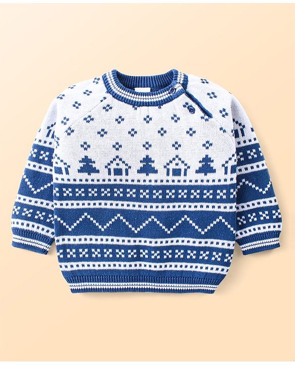 Babyhug Knitted Full Raglan Sleeves Pullover Sweater Set with Cap & Aztec Design - Blue