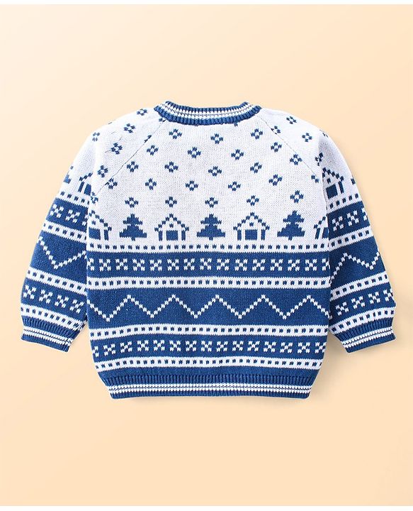 Babyhug Knitted Full Raglan Sleeves Pullover Sweater Set with Cap & Aztec Design - Blue