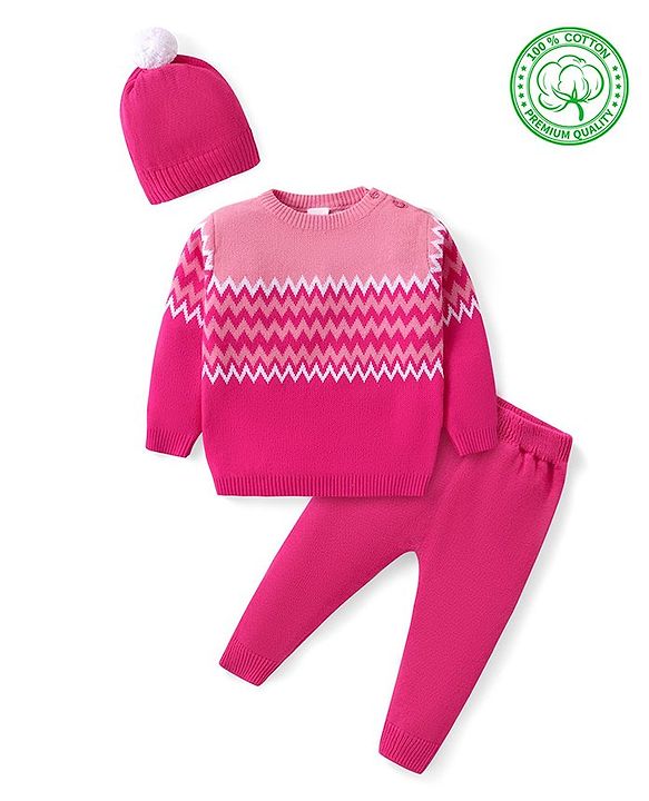 Babyhug Knitted Full Sleeves Pullover Sweater Set with Cap & Chevron Design - Pink