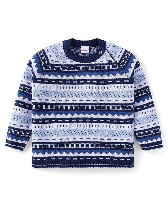 Babyhug Cotton Knit Full Raglan Sleeves Aztec Printed Sweater Set with Cap - Navy Blue
