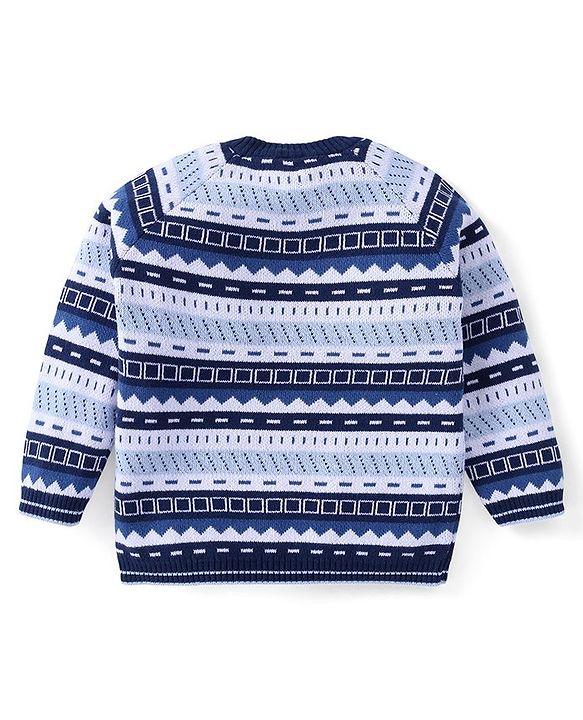 Babyhug Cotton Knit Full Raglan Sleeves Aztec Printed Sweater Set with Cap - Navy Blue