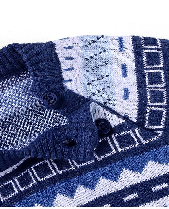 Babyhug Cotton Knit Full Raglan Sleeves Aztec Printed Sweater Set with Cap - Navy Blue