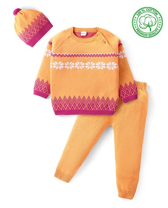 Babyhug Knitted Full Raglan Sleeves Pullover Sweater Set With Floral Design - Orange