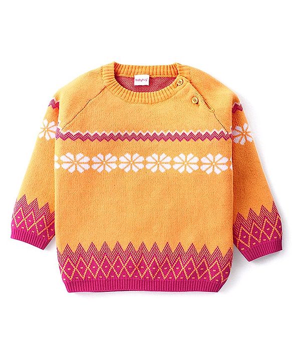 Babyhug Knitted Full Raglan Sleeves Pullover Sweater Set With Floral Design - Orange