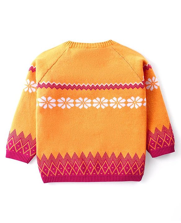 Babyhug Knitted Full Raglan Sleeves Pullover Sweater Set With Floral Design - Orange
