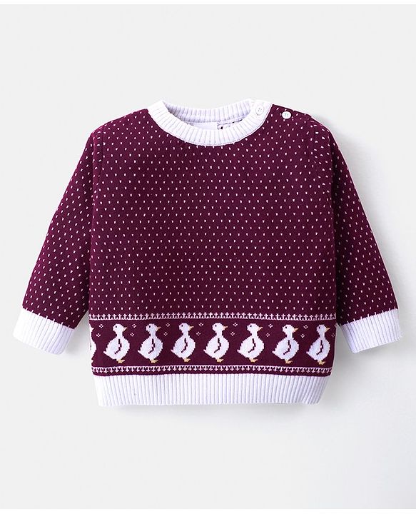 Babyhug Knitted Full Sleeves Pullover Sweater Set With Duck Design - Wine