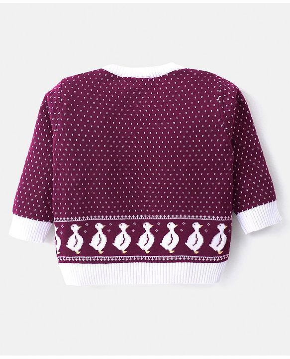 Babyhug Knitted Full Sleeves Pullover Sweater Set With Duck Design - Wine