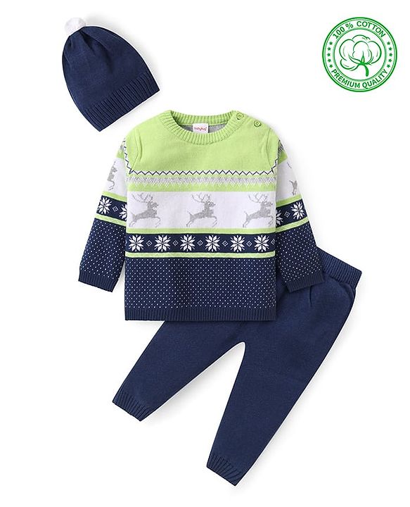 Babyhug Knitted Full Sleeves Intarsia & Deer Designed Pullover Sweater Set with Cap - Navy Blue Green & White