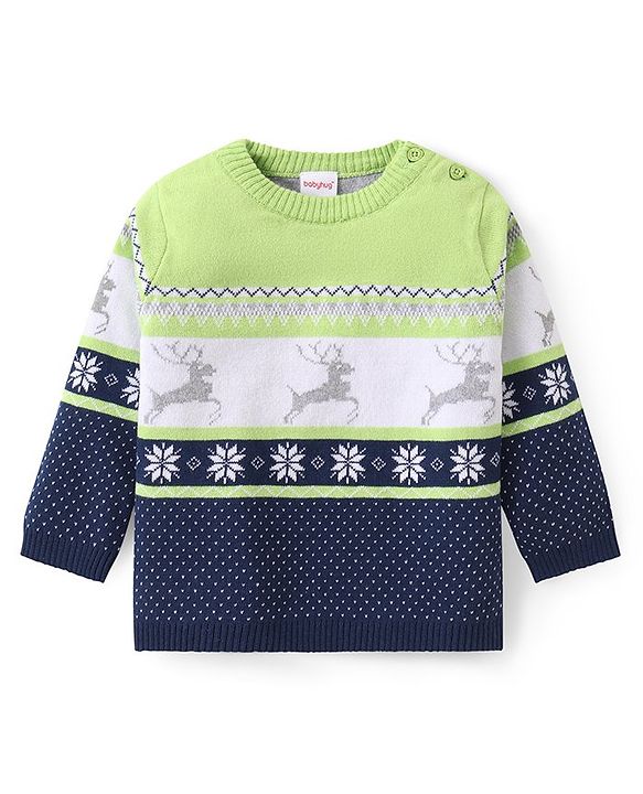 Babyhug Knitted Full Sleeves Intarsia & Deer Designed Pullover Sweater Set with Cap - Navy Blue Green & White