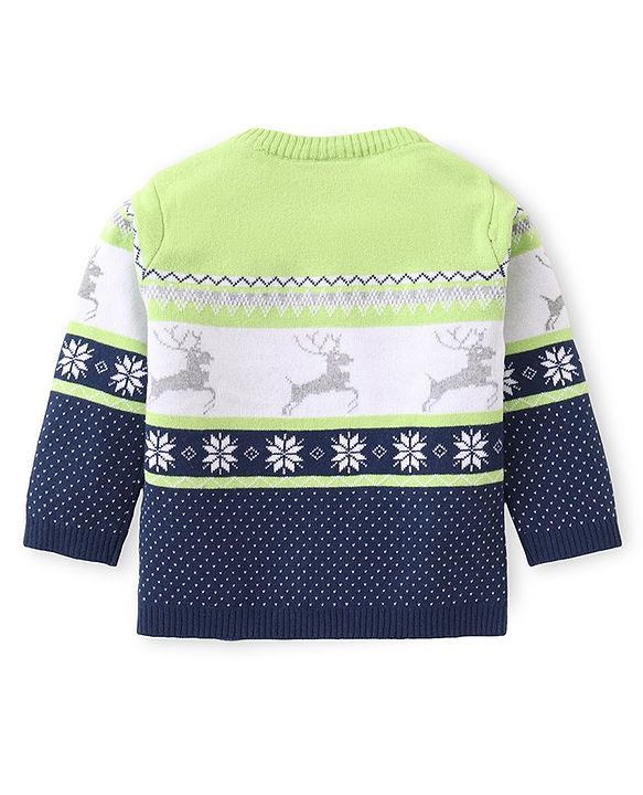 Babyhug Knitted Full Sleeves Intarsia & Deer Designed Pullover Sweater Set with Cap - Navy Blue Green & White