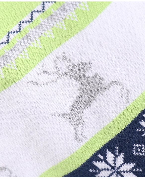 Babyhug Knitted Full Sleeves Intarsia & Deer Designed Pullover Sweater Set with Cap - Navy Blue Green & White