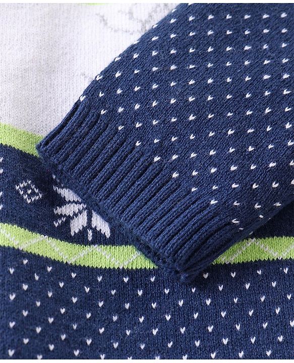 Babyhug Knitted Full Sleeves Intarsia & Deer Designed Pullover Sweater Set with Cap - Navy Blue Green & White