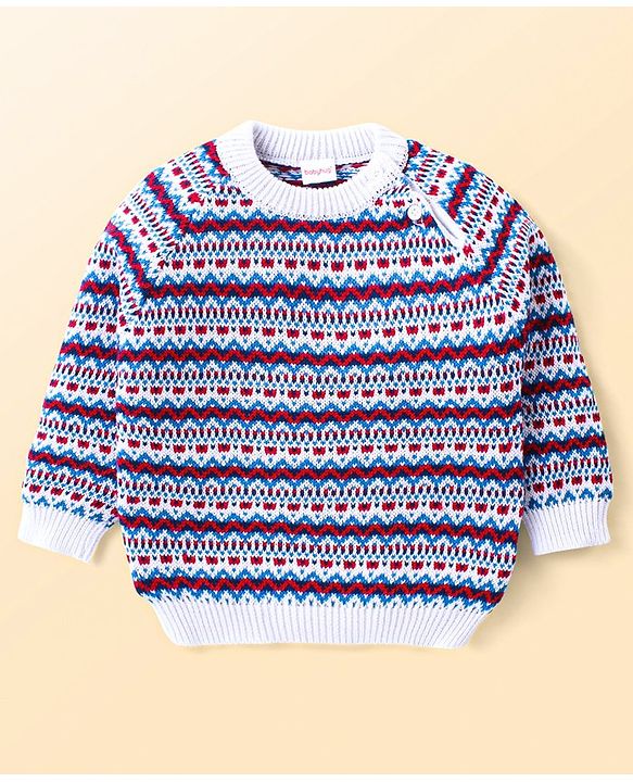 Babyhug Knitted Full Raglan Sleeves Pullover Sweater Set with Cap & Aztec Design - Blue